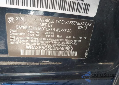 2013 BMW 328I xDrive z USA, uszkodzony, nr VIN WBA3B5G50DNP40689